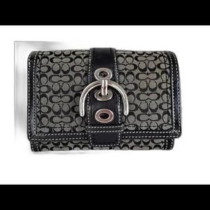 Coach Black Gray Signature Jacquard Leather Buckle Bifold Wallet